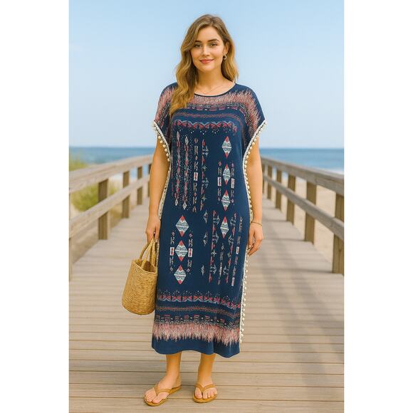 VINTAGE CATO navy multi tribal Aztec boho kaftan swim coverup size Medium/Large - Picture 1 of 6